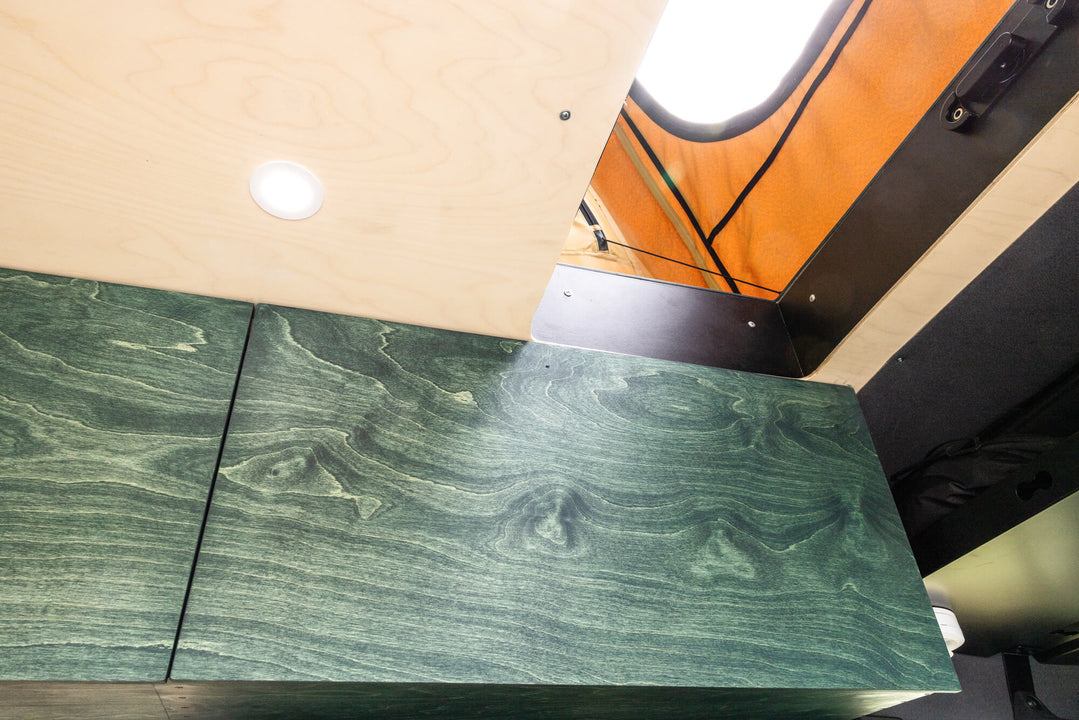 Birch wood in a custom sprinter van finished with Rubio Monocoat Oil Plus 2C Fern and Super White.