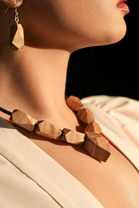 Natural wood faceted necklace and drop earring finished with Rubio Monocoat Oil Plus 2C Pure and SheenPlus