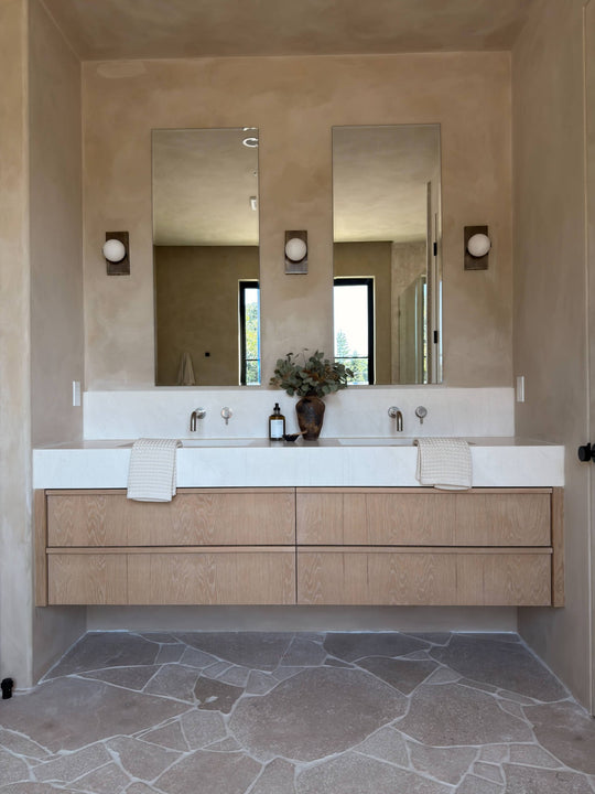 Floating double white oak bathroom vanity finished with Rubio Monocoat Oil Plus 2C Natural.