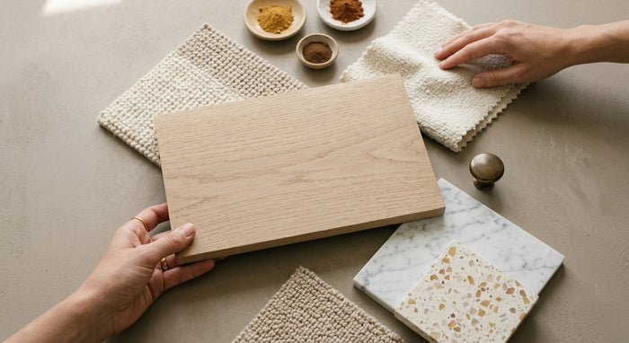 Interior designer working with wood color chips