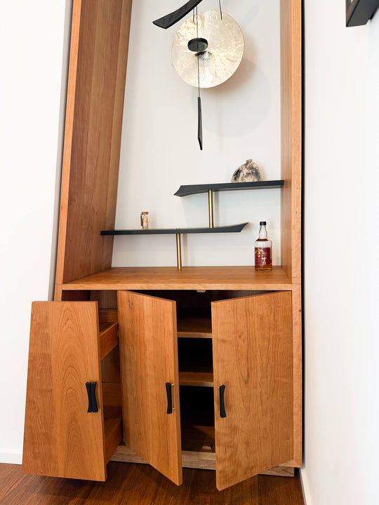 A Japanese-inspired bar cabinet finished with Rubio Monocoat Oil Plus 2C hardwax oil wood stain and finish.