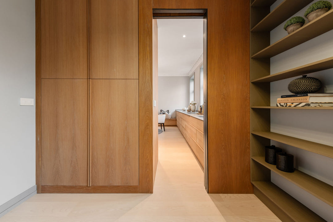 European oak cabinetry and storage solutions colored and protected with Rubio Monocoat Oil Plus 2C "Mist 5%".