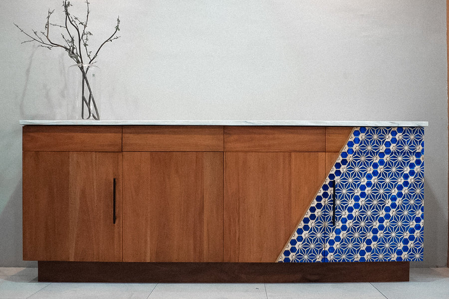 A mahogany buffet table with a blue kumiko accent finished with Oil plus 2C hardwax oil wood stain and finish.