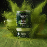 Can of Rubio Monocoat Oil Plus 2C Matcha Green paint on a white background
