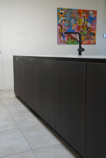 Oak kitchen cabinetry treated with Rubio Monocoat Precolor Easy and finished with Oil Plus 2C for an dark espresso look.