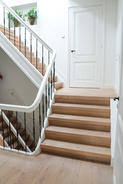 Beautiful sets of stairs made from European oak and finished using Oil Plus 2C "Cotton White".