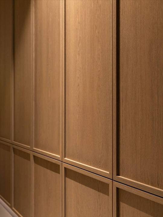 Wardrobe cabinetry doors made from oak and finished with Rubio Monocoat "Mocha".