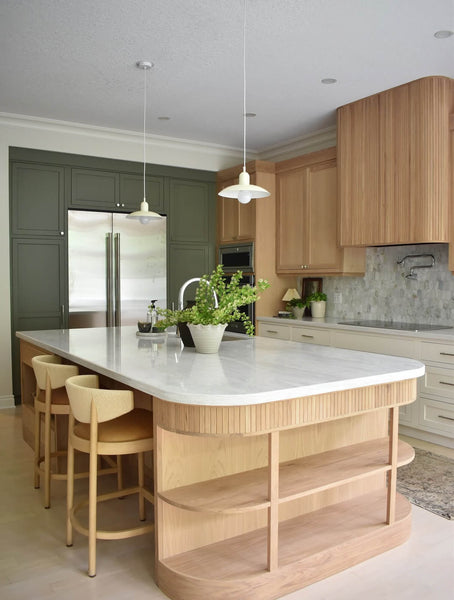 White oak island in an organic modern kitchen finished with Rubio Monocoat Oil Plus 2C "Natural".