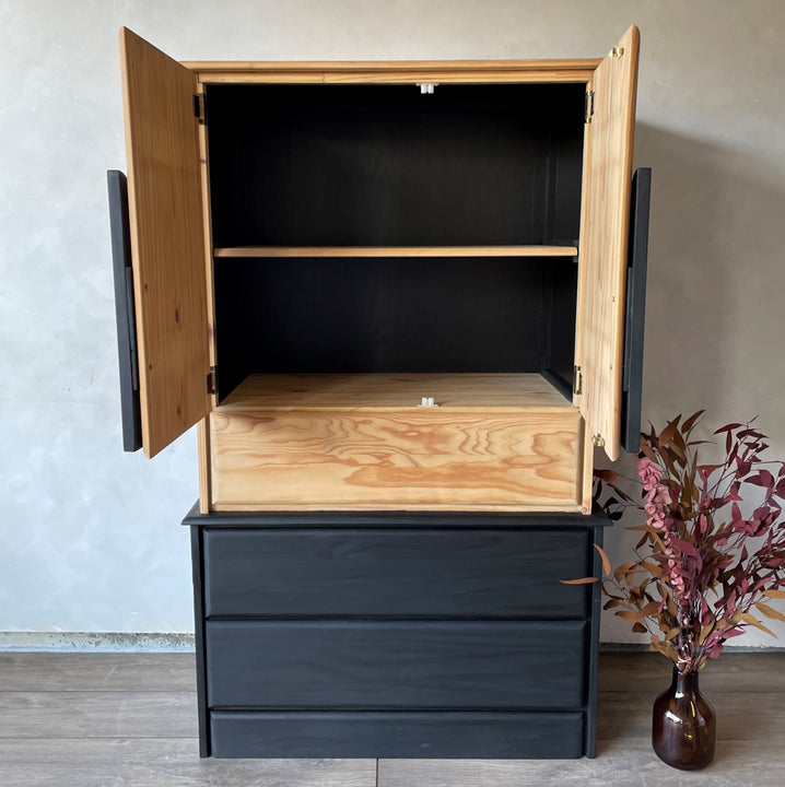 Cabinet doors open on a pine armoire finished with a two-toned look using Rubio Monocoat Precolor Easy and Oil Plus 2C.