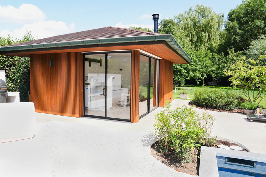 A poolhouse finished in a single layer exterior wood finish, DuroGrit.