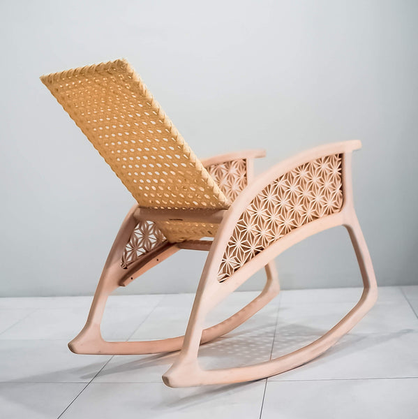 A rocking chair with Kumiko detail finished with Rubio Monocoat Oil Plus 2C hardwax oil wood stain and finish for interior wood projects.