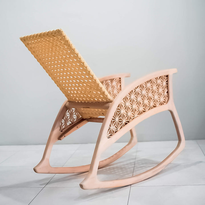 A rocking chair with Kumiko detail finished with Rubio Monocoat Oil Plus 2C hardwax oil wood stain and finish for interior wood projects.
