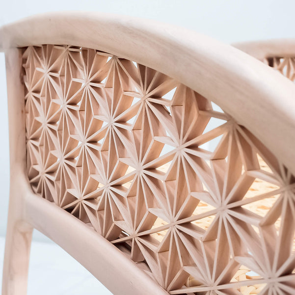 Kumiko detail on a rocking chair crafted from mahogany wood and finished with Oil Plus 2C hardwax oil wood stain and finish. 