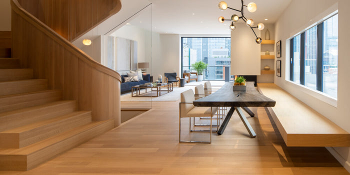 The interior of a modern wood apartment, finished using Rubio Monocoat Oil Plus 2C, in the wood stain color Natural.