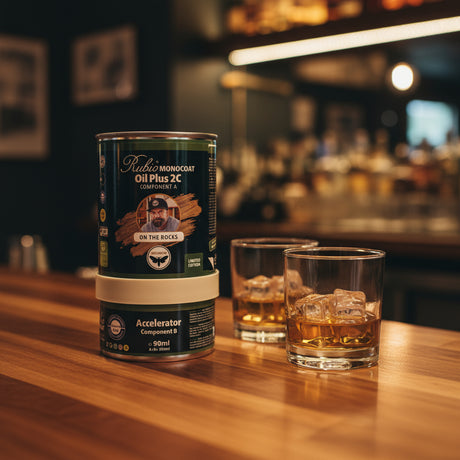 Rubio Monocoat Oil Plus 2C "On The Rocks" by Bourbon Moth sitting on a bar top