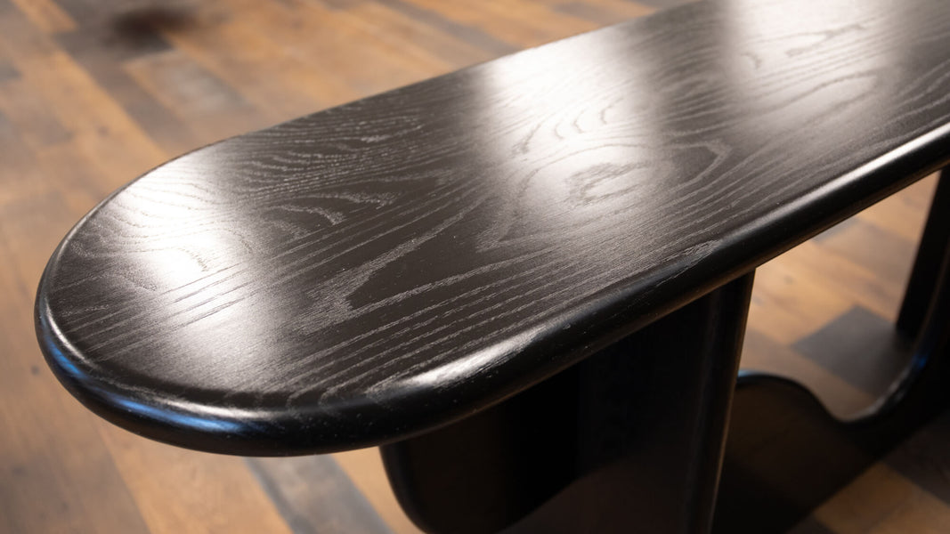 A white oak console table finished with Rubio Monocoat Oil Plus 2C that's sheen was enhanced with SheenPlus.