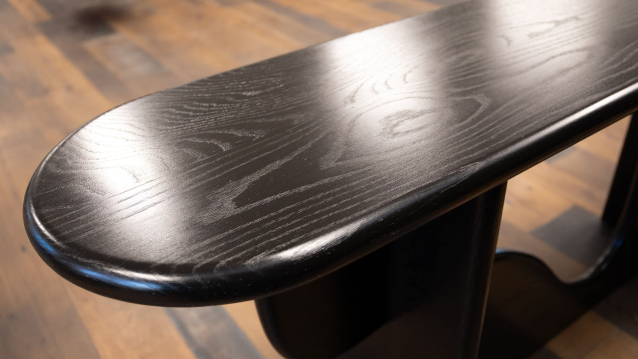 A white oak console table finished with Rubio Monocoat Oil Plus 2C that's sheen was enhanced with SheenPlus.