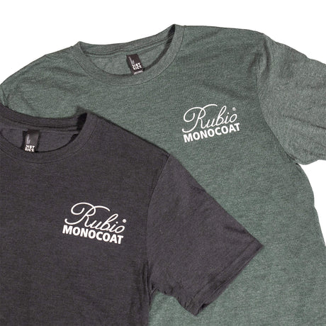 Two t-shirts, one gray and one black, with 'Rubio Monocoat' logo on a white background.