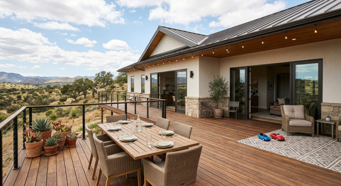 Outdoor patio area with wooden deck, table, chairs, and scenic view of mountains.