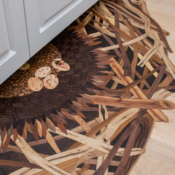 Osprey nest wood inlay with four eggs finished with Rubio Monocoat Oil Plus 2C Pure. 