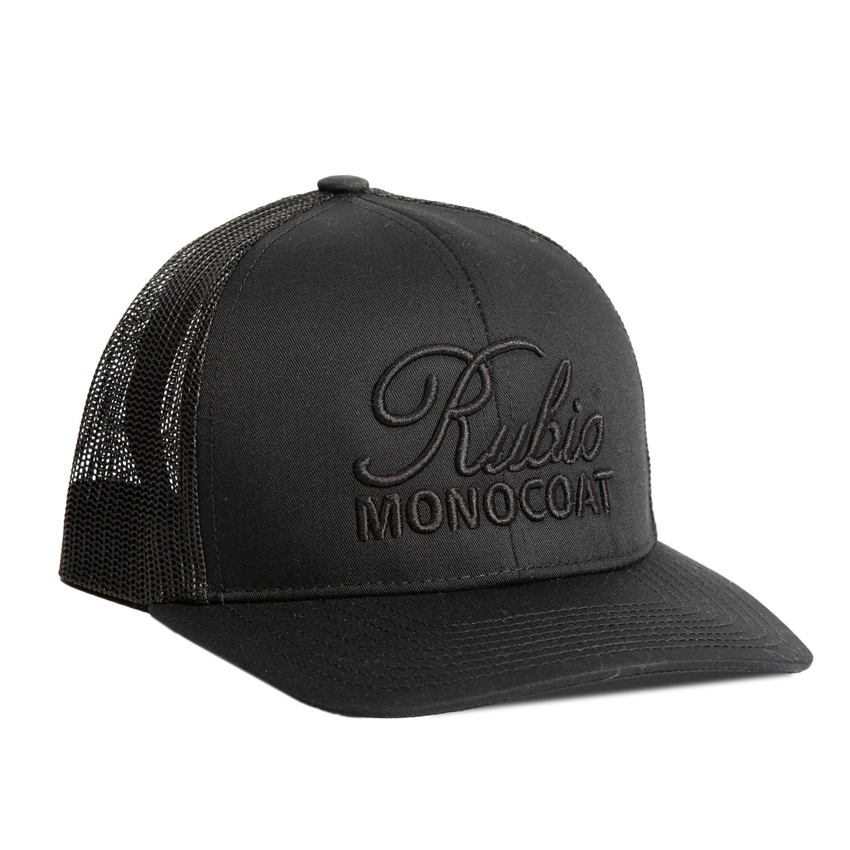 Black trucker cap with 'Rubio Monocoat' logo on a white background