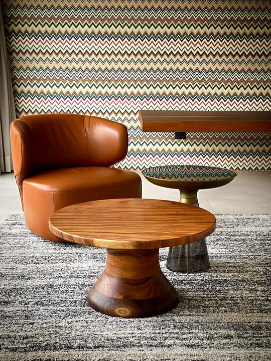 Monkey pod coffee table with a turned base finished with Rubio Monocoat Oil Plus 2C hardwax oil wood finish.