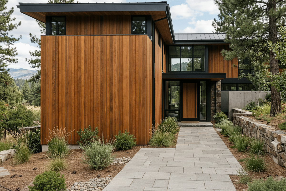 Modern house with vertical wooden exterior finished using Rubio Monocoat DuroGrit, showcasing glass windows, surrounded by trees and a clear sky.