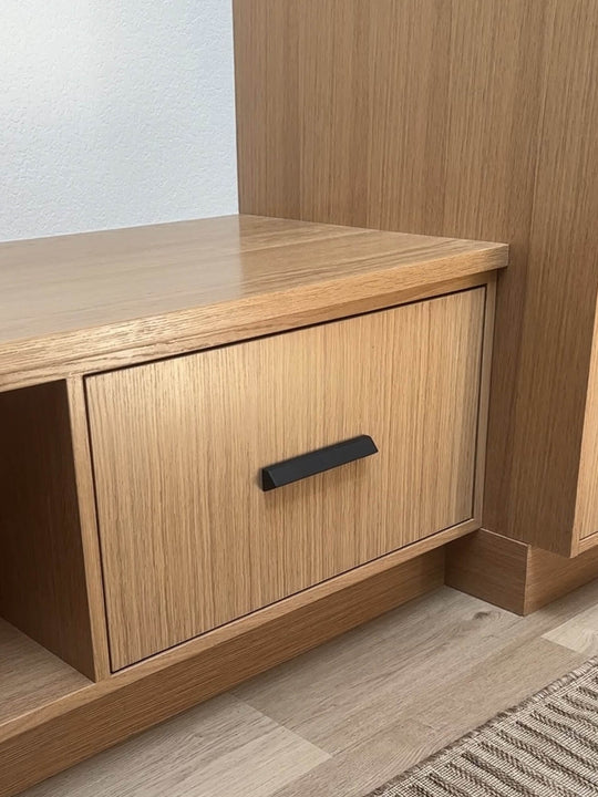 A white oak bench with a draw and cubby finished with Rubio Monocoat Oil Plus 2C hardwax oil wood stain and finish in one.