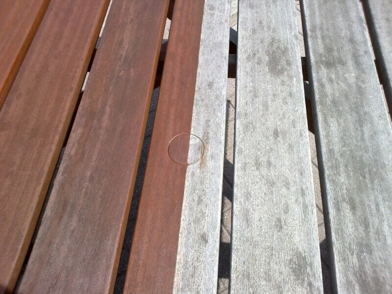 Close up of picnic table finished with Rubio Monocoat.
