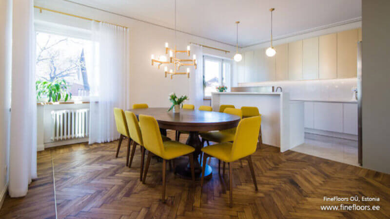 Beautiful dining room featuring wooden floors finished with Rubio Monocoat.