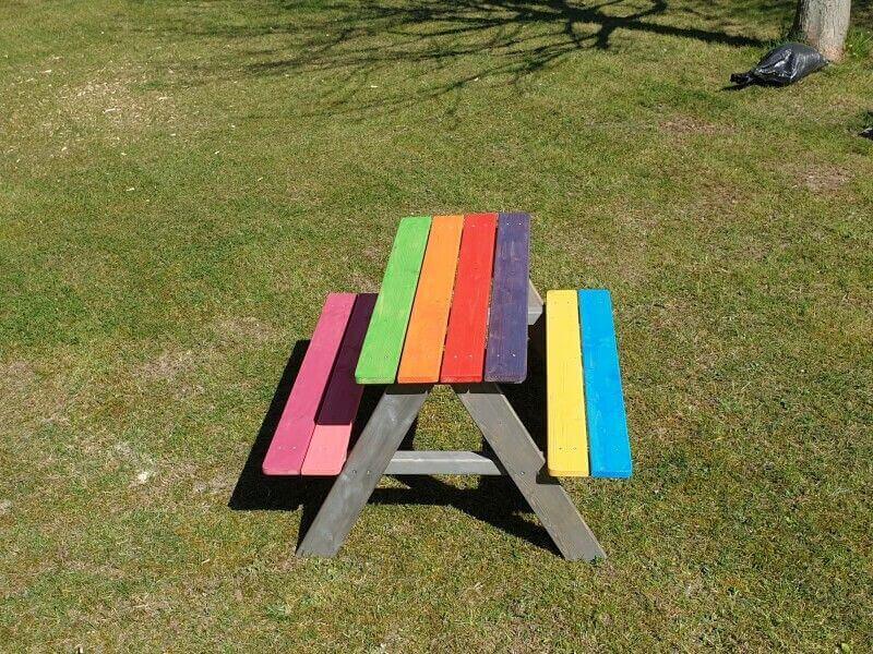 Rubio Monocoat Hybrid Wood Protector used to finish wood on multi colored kids picnic bench.