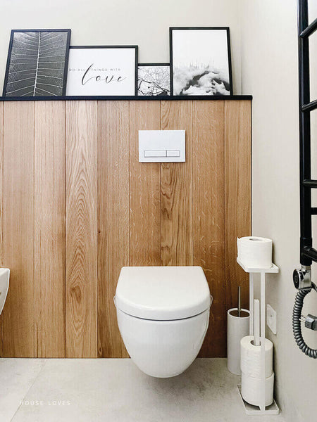 Natural looking oak wood used in bathroom design.