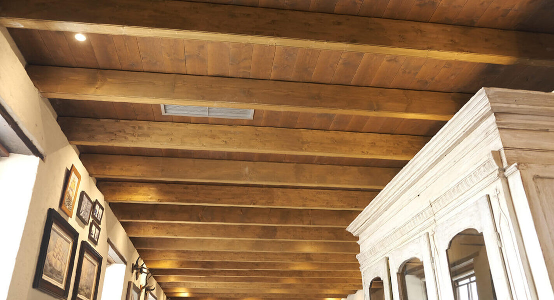 Ceiling beams finished with hardwax oil wood finish.