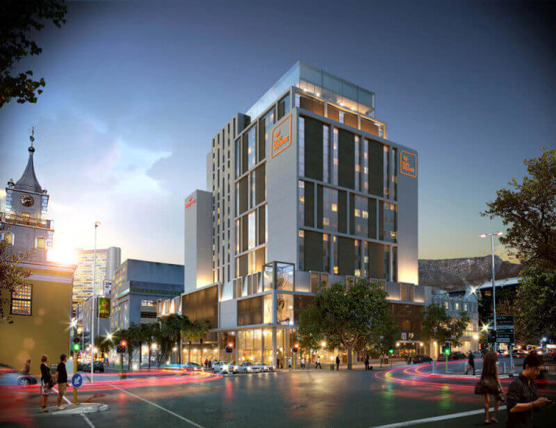The outside of the Tsogo Sun's SunSquare City Bowl Hotel at dusk.