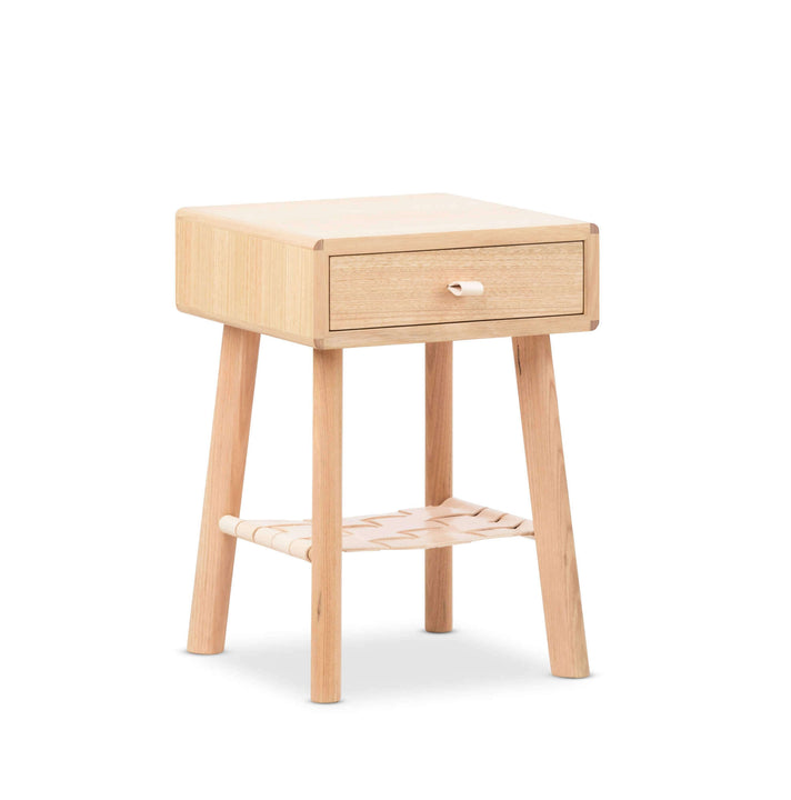Nightstand made from natural non-yellow oak wood.