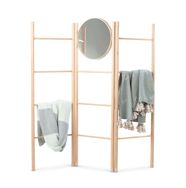 Wooden clothing accessory rack.