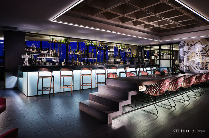 Bar features oak flooring finished with Rubio Monocoat.