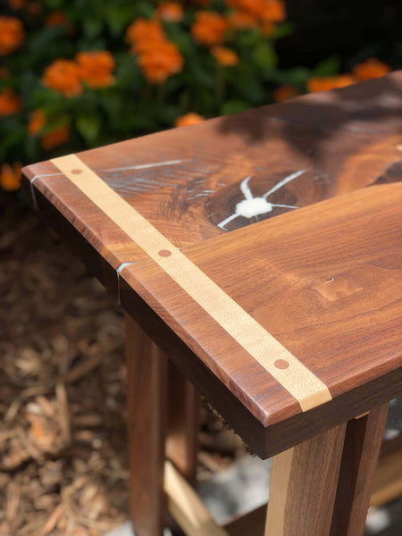 Hard maple inlaid in walnut secured with dowels finished with Rubio Monocoat Oil Plus 2C.