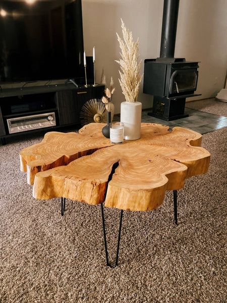Live edge cedar coffee table in living room