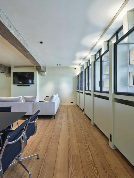 Hardwood flooring in a conference room.