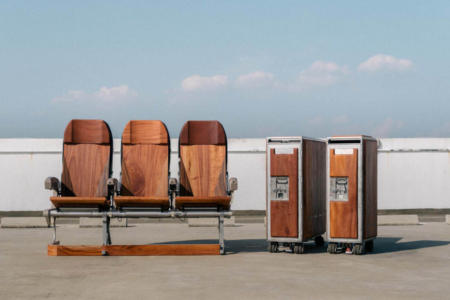 Three Singapore Airline chairs and two galley carts made from African mahogany and finished with Rubio Monocoat hardwax oil wood finish.