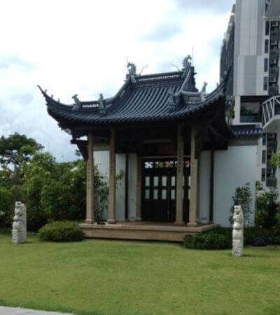 Temple at university in Singapore features wood finished with Hybrid Wood Protector.