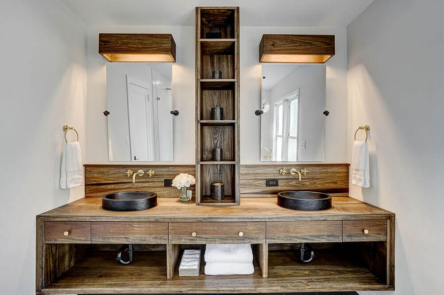 Gorgeous wooden bathroom vanity finished with Rubio Monocoat Oil Plus 2C.