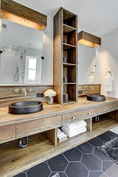 Unique poplar bathroom vanity with matching vanity lights all finished with Rubio Monocoat products.