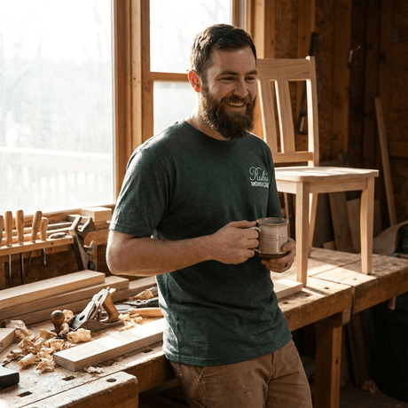 woodworker wearing a Rubio Monocoat t-shirt in their workshop